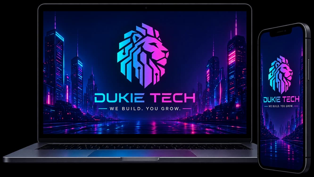 Notebook e celular com a identidade visual da Dukie Tech